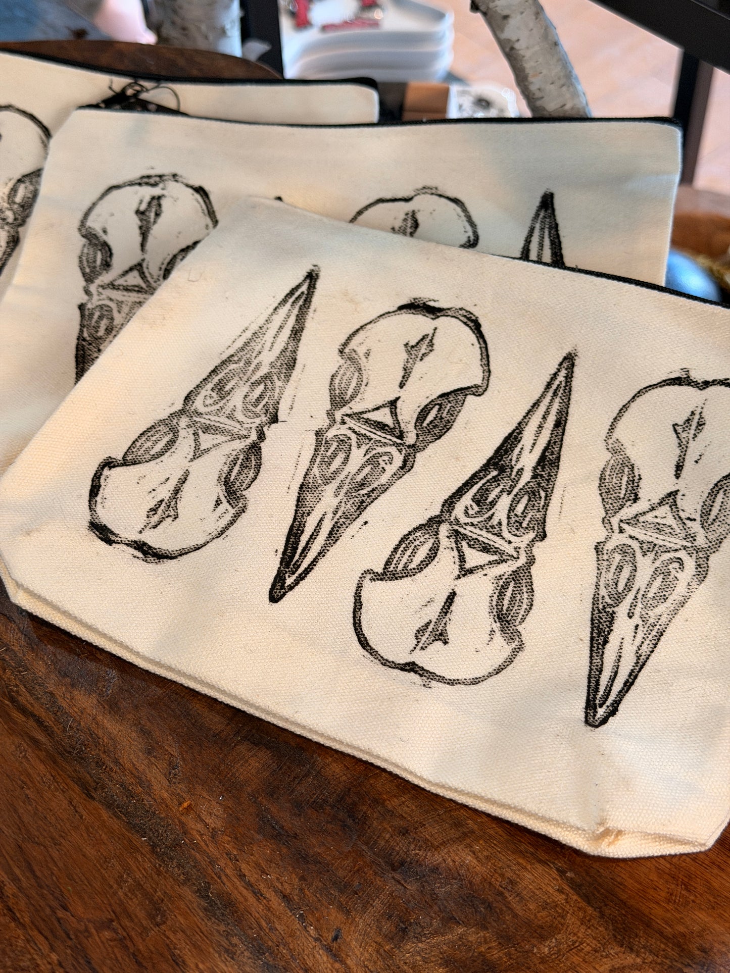 Lino Cut Crow Skull Makeup Bag