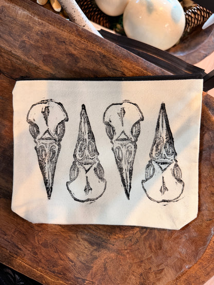 Lino Cut Crow Skull Makeup Bag