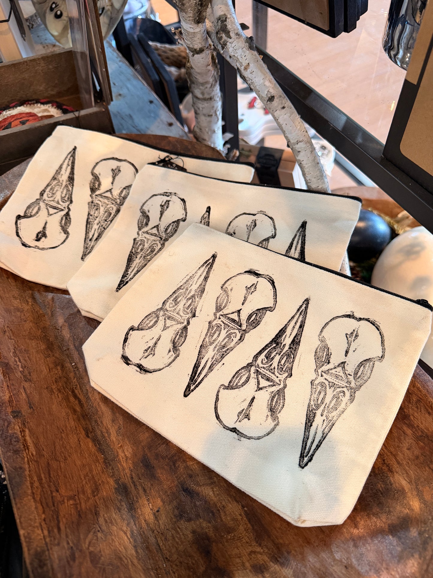 Lino Cut Crow Skull Makeup Bag
